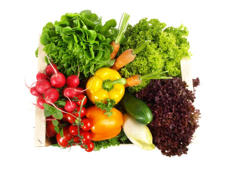 Mixed Vegetables and Salads in a Box on White Background isolated on white backgroundの写真素材