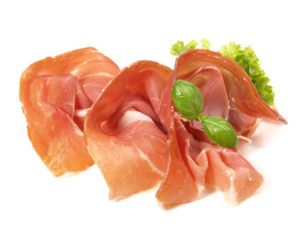 Smoked Ham Slices Isolated on White Backgroundの写真素材