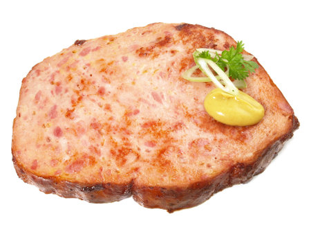 Roasted Fine Meatloaf Slice - German meat cheese isolated on white backgroundの写真素材