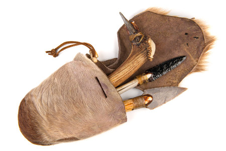 Stone Age with Tools Handbag Isolated on White Backgroundの写真素材