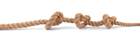 Strong rope with three knots on white background
