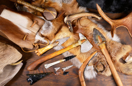 Stone Age Tools on wooden background - Panoramic Viewの写真素材