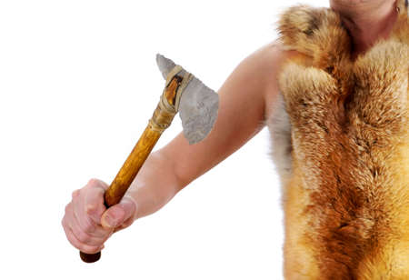 Cavemen with Fox Fur Coat and Stone Age Ax Isolated on white backgroundの写真素材