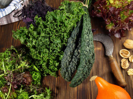 Various Kale Leaves with Lettuce on wooden Backgroundの写真素材