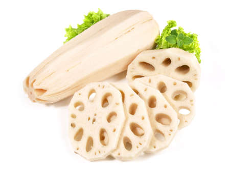 Fresh Lotus Root Slices on white background - Isolatedの写真素材
