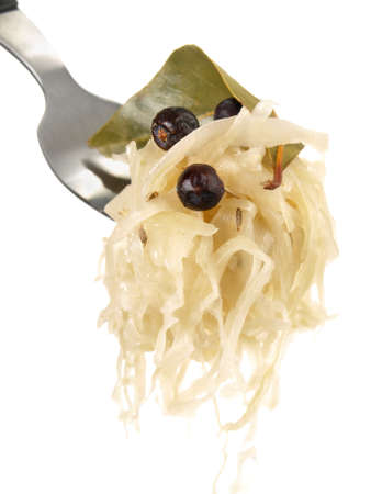 Fresh Sauerkraut on a Fork - White Background - Isolatedの写真素材