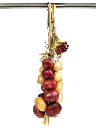 Braided Bunch of Onions on white Background - Isolatedの写真素材