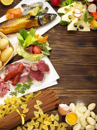 Various foods on wooden backgroundの写真素材