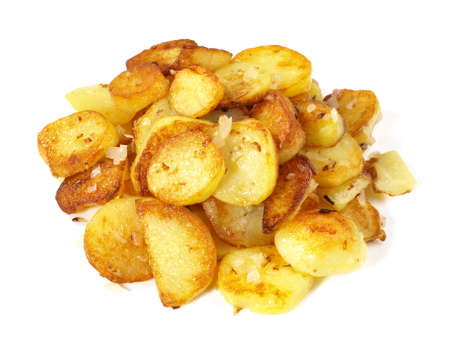 Classic Roasted Potatoes with Bacon and Onions on white Background - Isolatedの写真素材