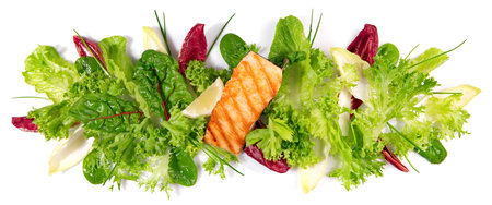 Mixed green salad panorama with grilled salmon isolated on white backgroundの写真素材