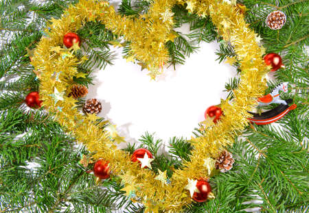 Christmas Fir Branches onwhite Paper, with Fir Cones and Decoration isolated on white background.の写真素材