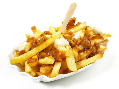 Poutine French Fries - Fast Food Isolated on White Background