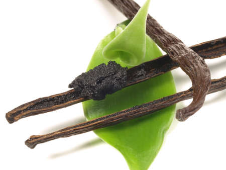 Vanilla Beans with Vanilla Pulp and Vanilla Leaves on white Background - Isolatedの写真素材
