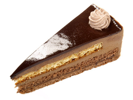 Chocolate cake with chocolate jelly on white backgroundの写真素材