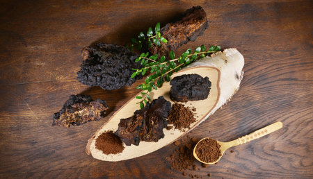 Chaga Mushroom on a wooden Table - Healthy Nutrition