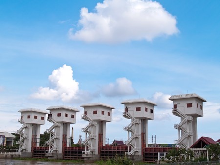 Floodgate near Bhumibol Bridge, Samut Prakarn,Thailandの写真素材