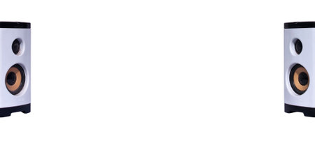 Pair of white loudspeakers isolated on white backgroundの写真素材