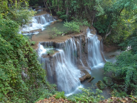 Fourth level of Huay Mae Kamin Waterfall, Khuean Srinagarindra National Park, Kanchanaburi, Thailandの写真素材