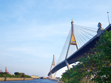 Bhumibol Bridge also casually call as Industrial Ring Road Bridge with canal and Chao Phraya River, Samut Prakarn,Thailandの写真素材