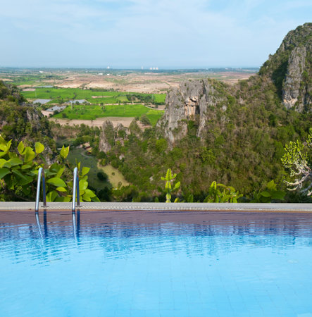 Outdoor swimming pool with view point on top of mountainのeditorial素材