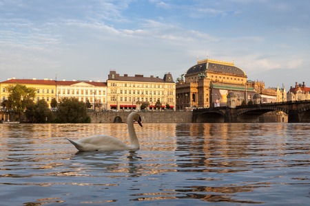 PRAGUE, CZECH REPUBLIC - 15th SEPTEMBER, 2014 - National Theater during partial reconstruction  viewed from Vltava riverのeditorial素材