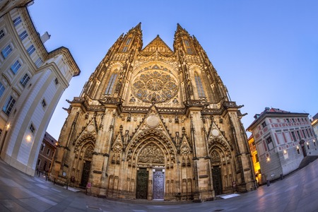 Fisheye wide lens front view of main entrance to the Saint Vitus cathedral in Prague Castle, Czech Republicの写真素材