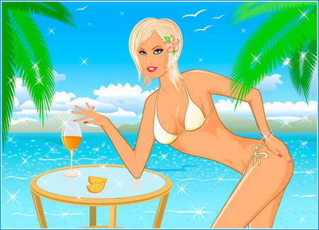 girl the blonde on beach in bikini. Vector illustrationのイラスト素材