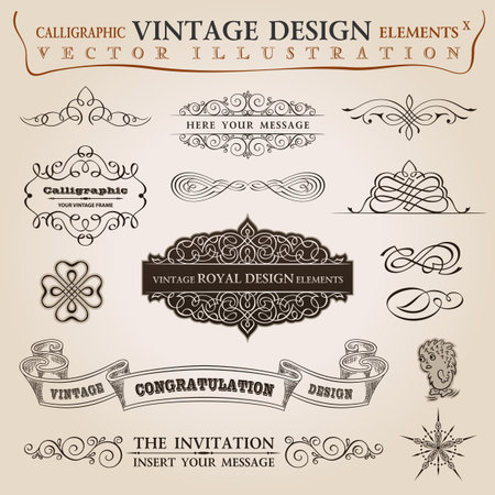 Calligraphic elements vintage set Congratulation ribbon. Vector frame ornamentのイラスト素材