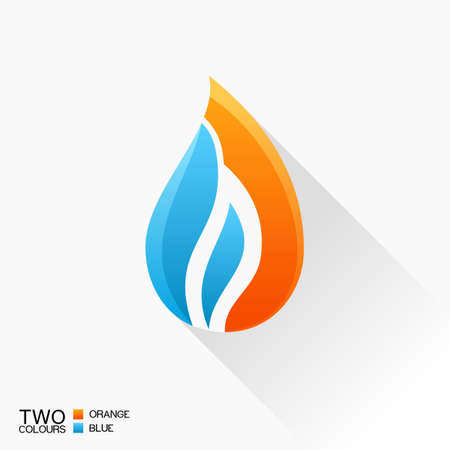 Vector symbol fire. Blue and orange flame glass icon with shadow isolatedのイラスト素材