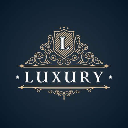 Calligraphic Luxury logo. Emblem elegant decor elements. Vintage vector symbol ornament Lのイラスト素材