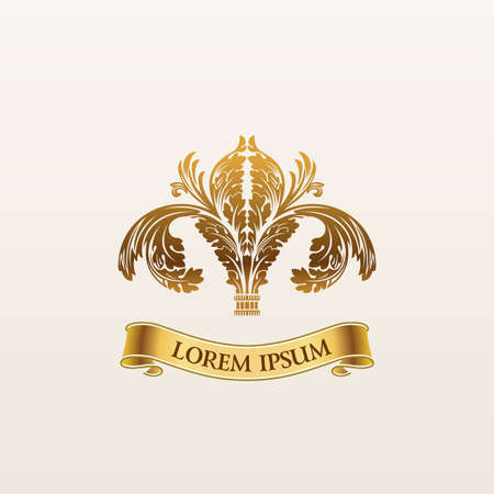 Vintage luxury gold emblem. Elegant Calligraphic decor on vector logo with ribbonのイラスト素材