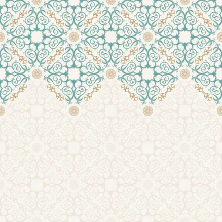 Seamless border vector ornate in Eastern style. Vintage elements for design, place for text. Ornament pattern for wedding invitations birthday greeting cards. Traditional pastel decor blue and goldのイラスト素材