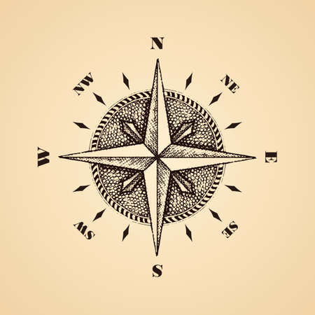Hand drawn compass wind rose symbol. Vector traveller tool. Vintage illustrationのイラスト素材