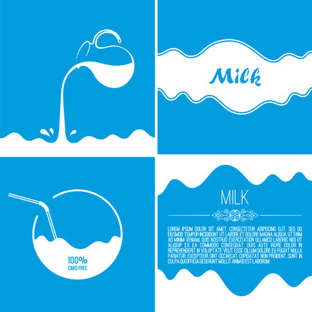 Milk flows from jug. Spray drops and white wave on blue background. Advertising label set sticker templateのイラスト素材