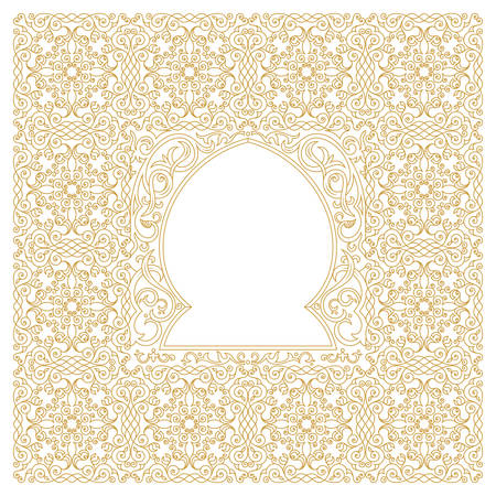 Eastern gold frame, mosque, arch. Template design elements in oriental style. Floral Frame for cards and postcards Eid al-Adha. Muslim invitations and decor for brochure, flyer, poster. Vector borderのイラスト素材