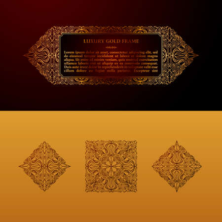 Eastern gold frame arabic vector lines design templates. Muslim Eastern floral frame for card and postcard Eid al-Adha. Ramadan linear decor for message, menu, postcard, restaurant, wedding invitationのイラスト素材