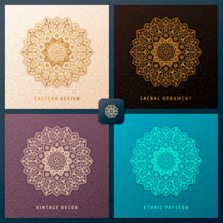 Ethnic vector pattern mandala set design for invitations, cards, labels. Round and label template. Luxury floral woven pattern. Oriental ornament in boho style. Islamic backgroundのイラスト素材