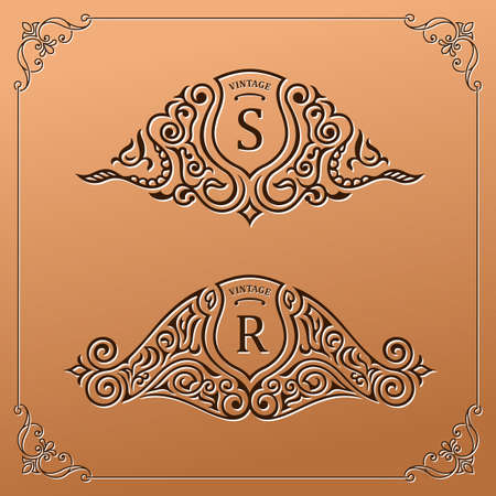 Vintage gold set. Flourishes crest calligraphic ornament. Elegant emblem monogram luxury. Floral royal line design. Vector crest restaurant boutique, heraldic fashion, cafe hotelのイラスト素材
