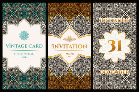 Vector set of design elements labels, icon, logo, frame, luxury packaging for the product. Vertical gold cards on a black background. Templates vintage postcards with gold foilのイラスト素材