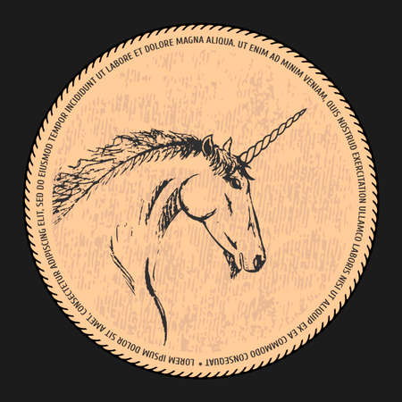 Vector silhouette of a unicorn. Black and beige sketch for a postcard or logo. Handmade doodleのイラスト素材