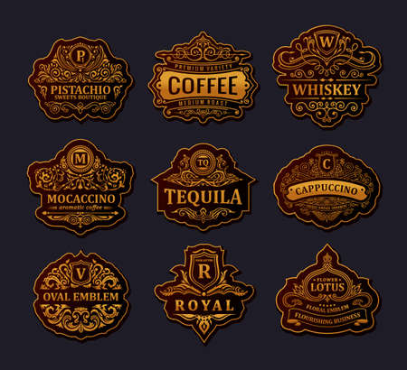 Vintage gold emblem set. Flourishes crest calligraphic ornamentのイラスト素材