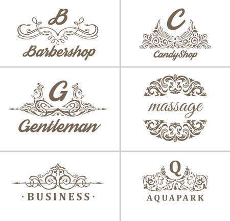 Set of vintage Coffee Shop calligraphy, Badges and Labels Design Elements set. Barber shop, Cup, cafe objects. Retro vector illustrationのイラスト素材