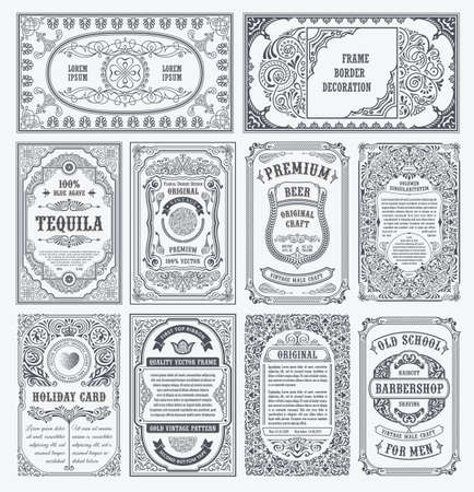 Vintage vector set retro cards. Template greeting card border or invitation. Black and white linear calligraphic frames. Floral design label advertising, place for text. Flourish ornate backgroundのイラスト素材