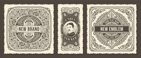 Square and vertical vintage labels for packaging. Calligraphic cards and frames in the style of line artのイラスト素材