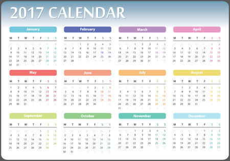 calendar for 2017 starts on monday, calendar 2017, organizer 2017, vector calendar, pocket calendar design, horizontal calendar, colored calendarのイラスト素材