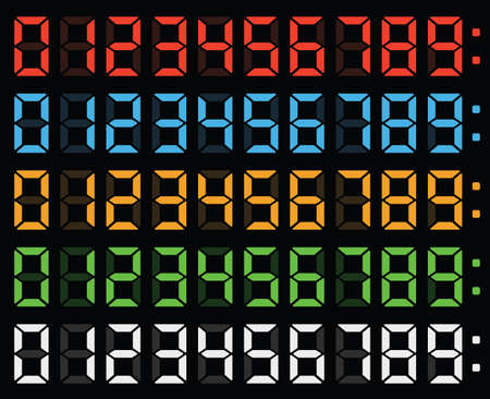 led numbers, display numbers, digital numbers, digital clock, clock display, light numbers, glow numbers, led numbers on displayのイラスト素材