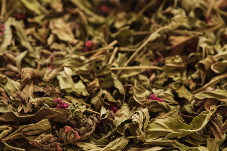 Blooming sally dried flowers and leaves, tea background
