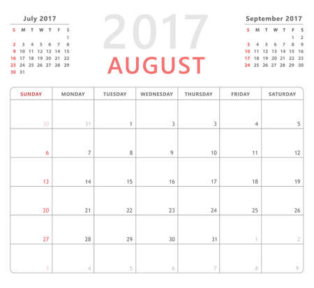 Calendar planner 2017 august, week starts sunday, vector design templateのイラスト素材
