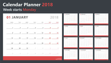 calendar planner for 2018 starts monday, vector calendar design 2018 yearのイラスト素材