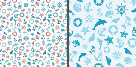 Seamless sea patterns with dolphins, anchor, sea star, shell, steering wheel and life-buoyのイラスト素材